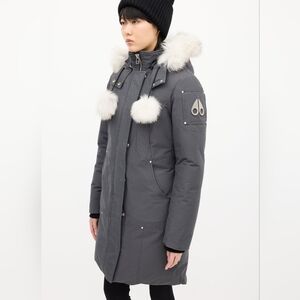 Moose Knuckles Charcoal Puffer Jacket with White Fur Trim